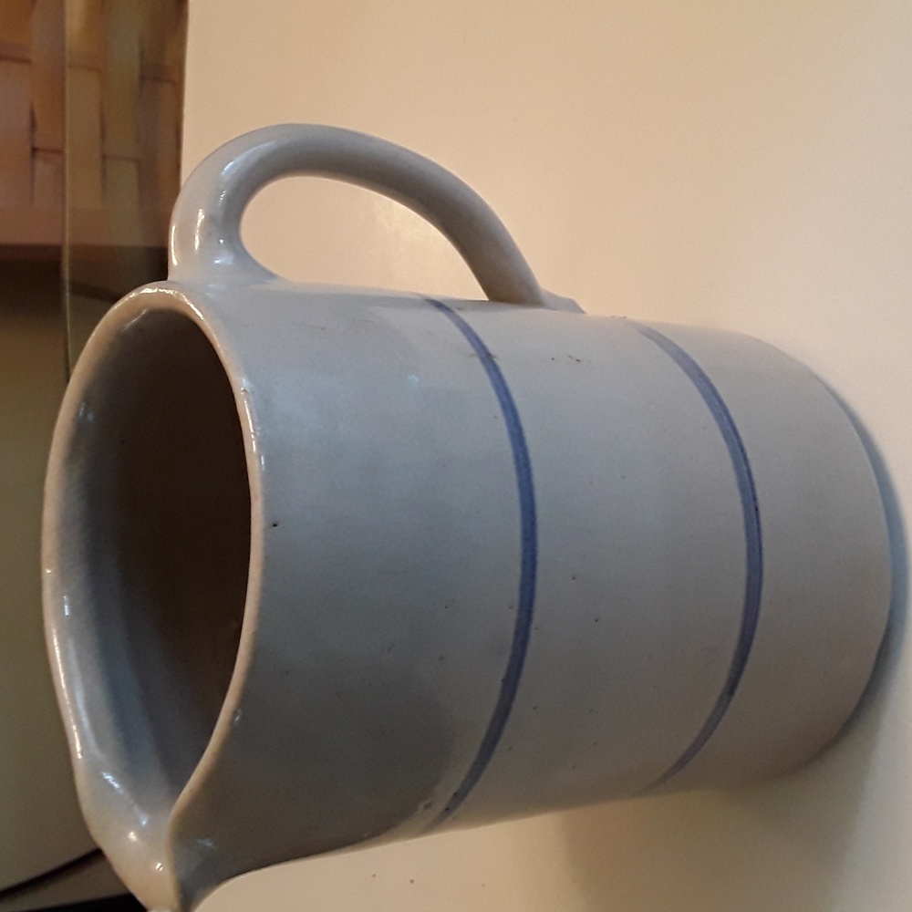 Vintage Tan Clay Stoneware Pottery Pitcher with Blue Stripes